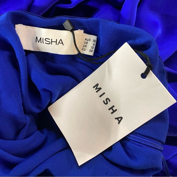 MISHA Alastair Satin Gown Electric Blue sash one shoulder satin maxi Revolve 6 - Picture 8 of 9